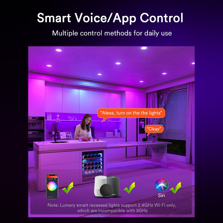 Smart kitchen with Lumary lights controlled via app, showing voice commands for Alexa and Siri.